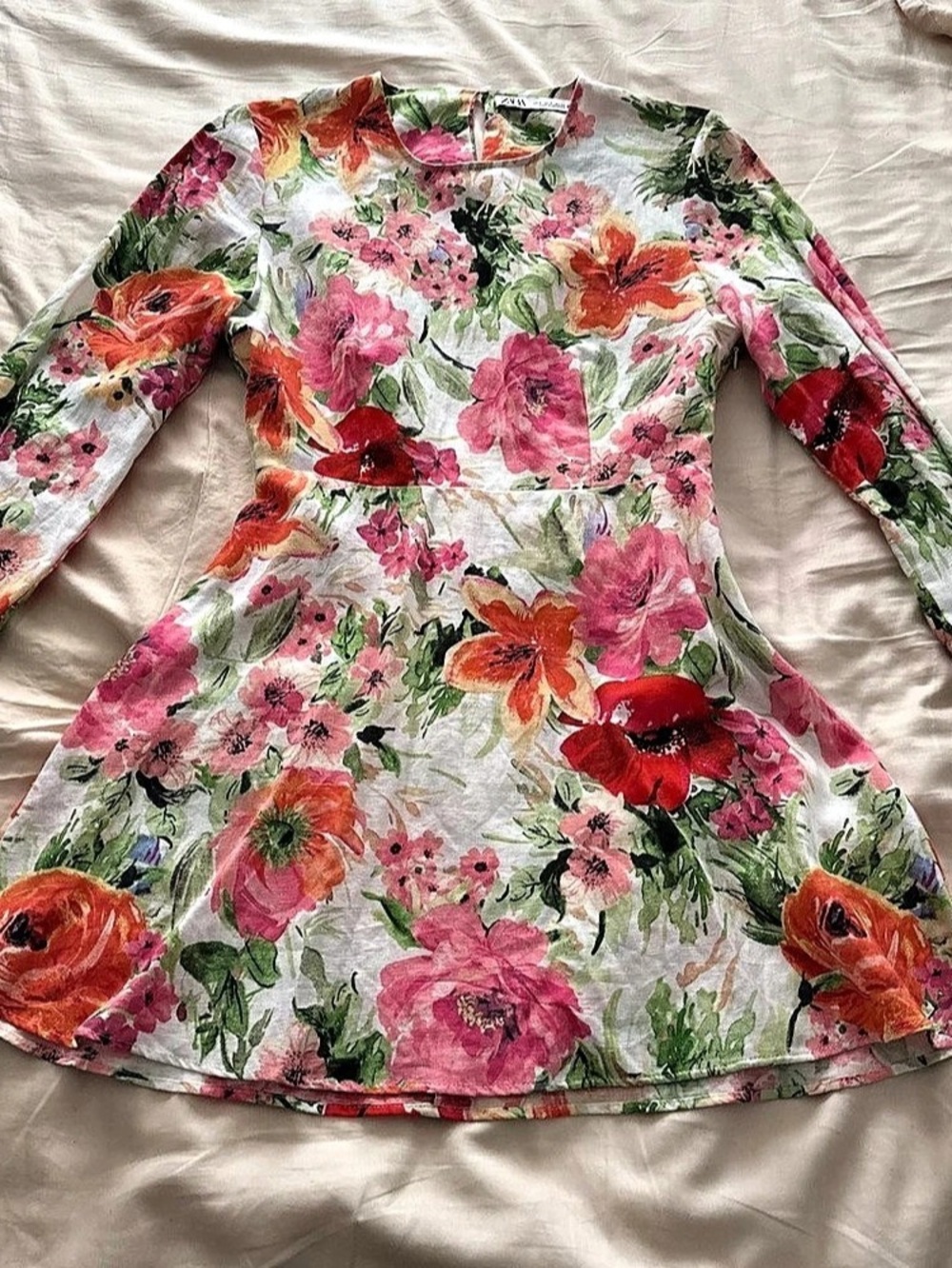 Zara The Naya Floral Print Open Back Linen Mini Dress